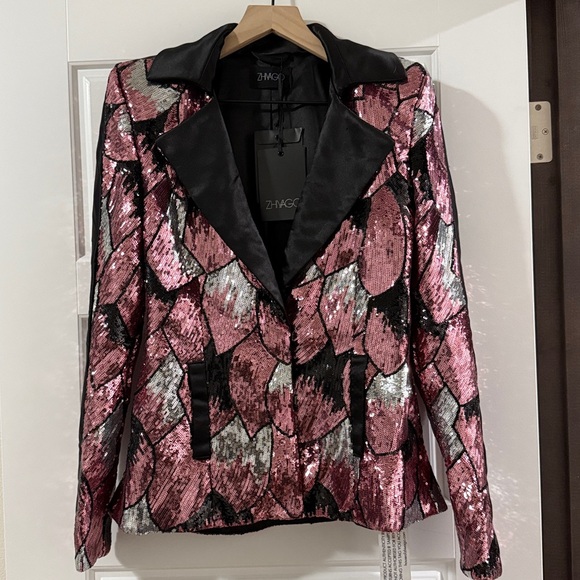 NEW Zhivago Mallwolf Blazer Jacket in Blush Pink Silver Black Sequins 6 Medium - Picture 6 of 9